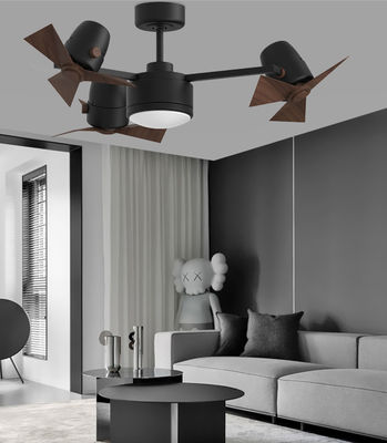 Fan langit-langit lipat tiga kepala hitam dengan lampu dan bilah yang bisa ditarik
